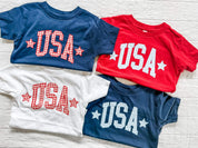 Kids patriotic USA shirt with blue or red  gingham print, red white and blue summer outfit, toddler 4th of July tee, matching mom and kids outfits