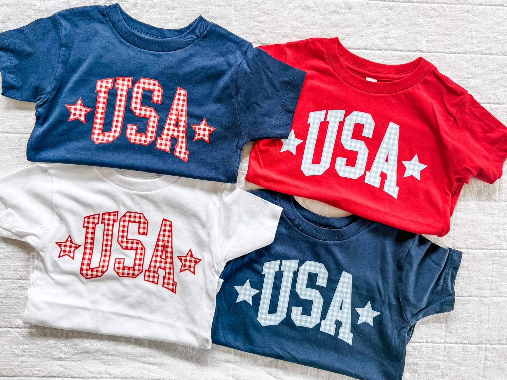 Kids patriotic USA shirt with blue or red  gingham print, red white and blue summer outfit, toddler 4th of July tee, matching mom and kids outfits