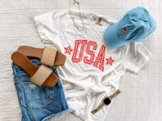 White USA gingham shirt, red white and blue patriotic outfit, comfort colors graphic tee, classic 4th of July look