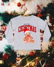 Child long sleeve in gray with merry Christmas teddy graphic, shown on flat lay – Little Mama Shirt Shop