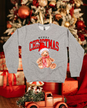 Adult gray basic fleece with merry Christmas teddy graphic, shown on flat lay – Little Mama Shirt Shop