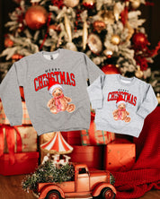 Adult and child gray sweaters with merry Christmas teddy graphic, shown on flat lay  – Little Mama Shirt Shop