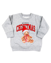Child gray sweater with merry Christmas teddy graphic, shown on flat lay – Little Mama Shirt Shop
