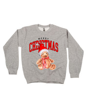 Adult gray sweater with merry Christmas teddy graphic, shown on flat lay – Little Mama Shirt Shop