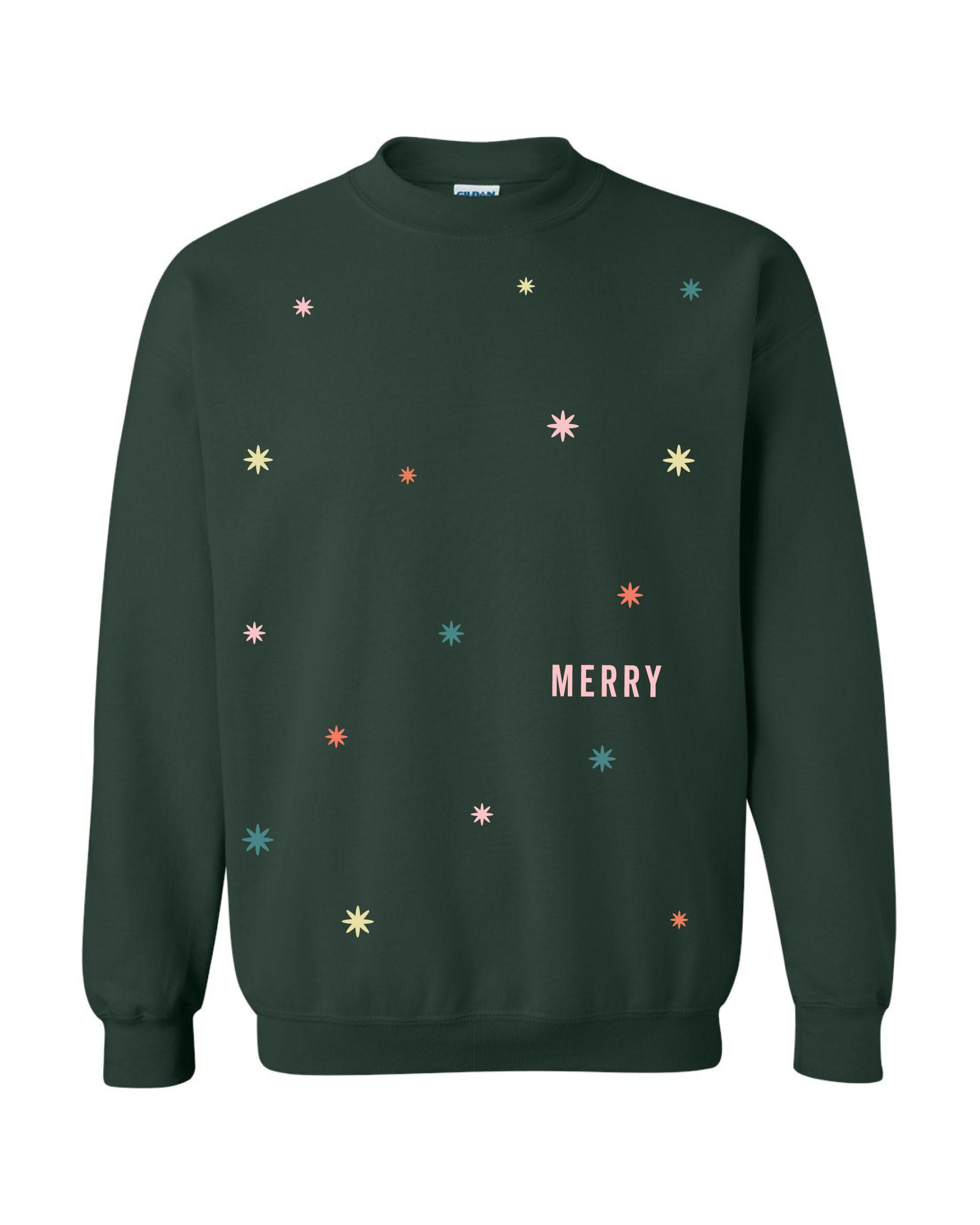 Adult forest sweater with 'Merry Every Thing' graphic, shown on flat lay – Little Mama Shirt Shop