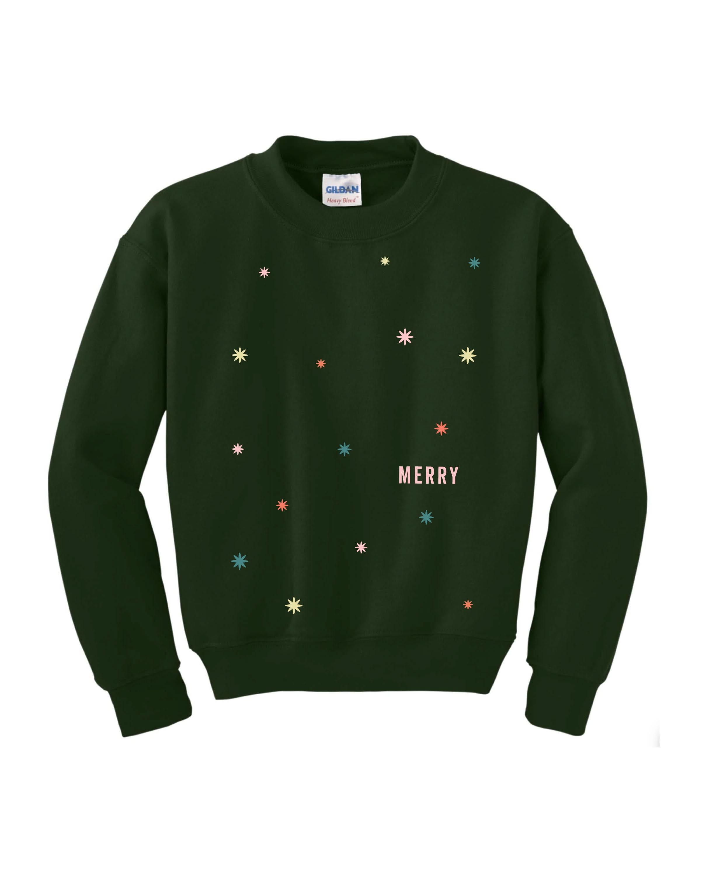 Child forest sweater with 'Merry Every Thing' graphic, shown on flat lay – Little Mama Shirt Shop