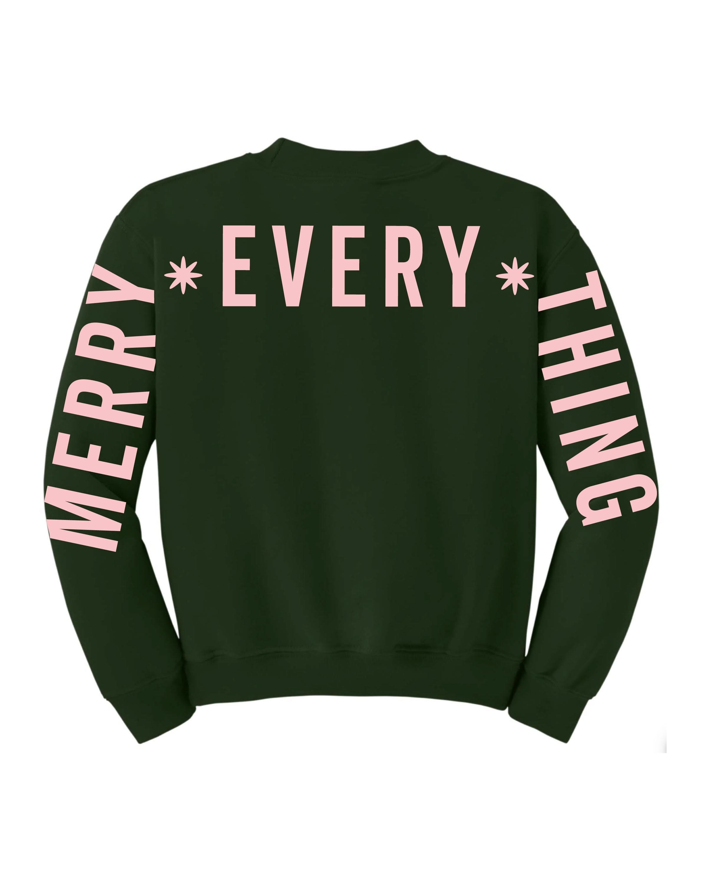 Child forest sweater with 'Merry Every Thing' graphic, shown on flat lay – Little Mama Shirt Shop