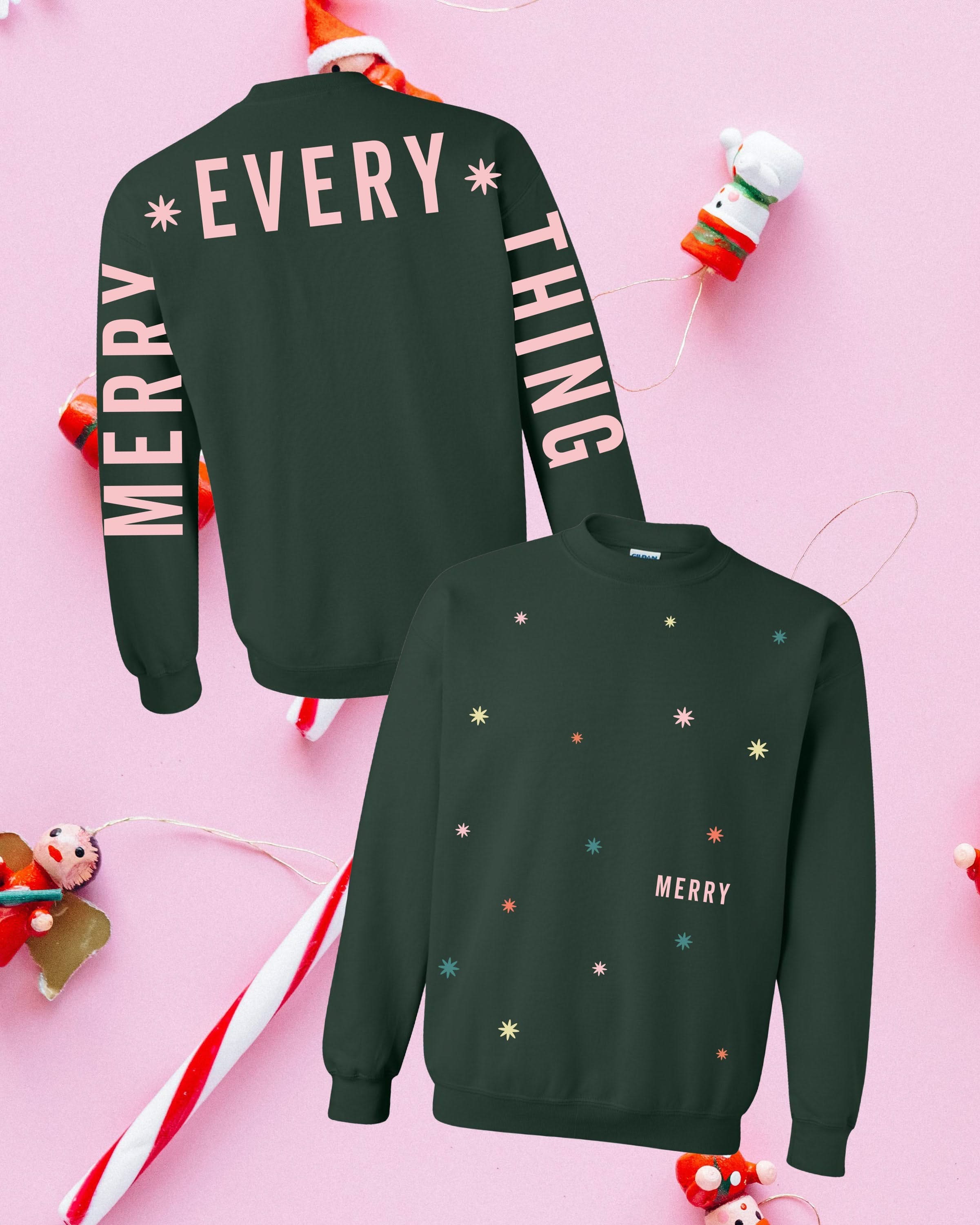 Adult forest sweater with 'Merry Every Thing' graphic, shown on flat lay – Little Mama Shirt Shop