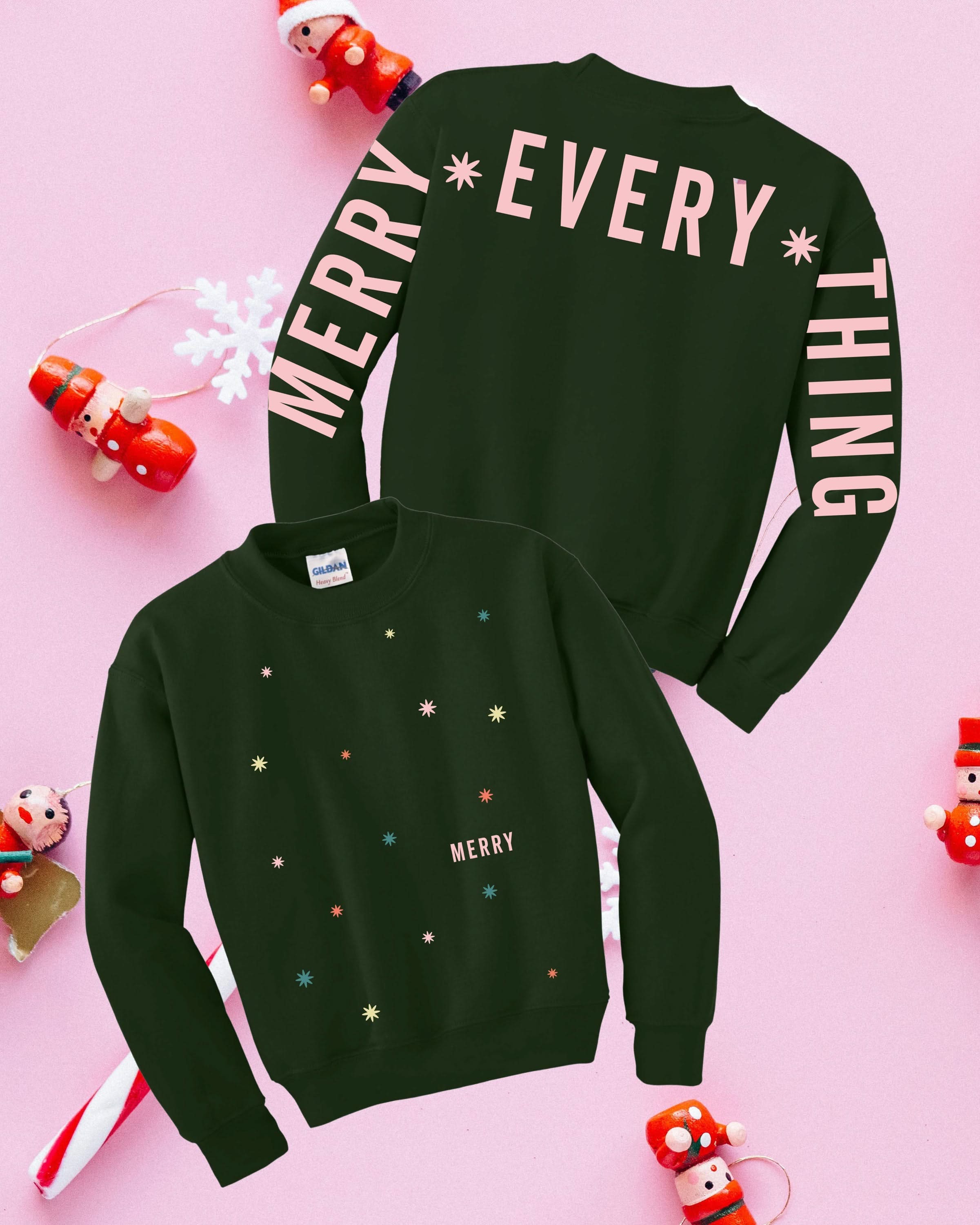 Child forest sweater with 'Merry Every Thing' graphic, shown on flat lay – Little Mama Shirt Shop
