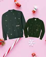 Adult and child forest sweater with 'Merry Every Thing' graphic, shown on flat lay – Little Mama Shirt Shop
