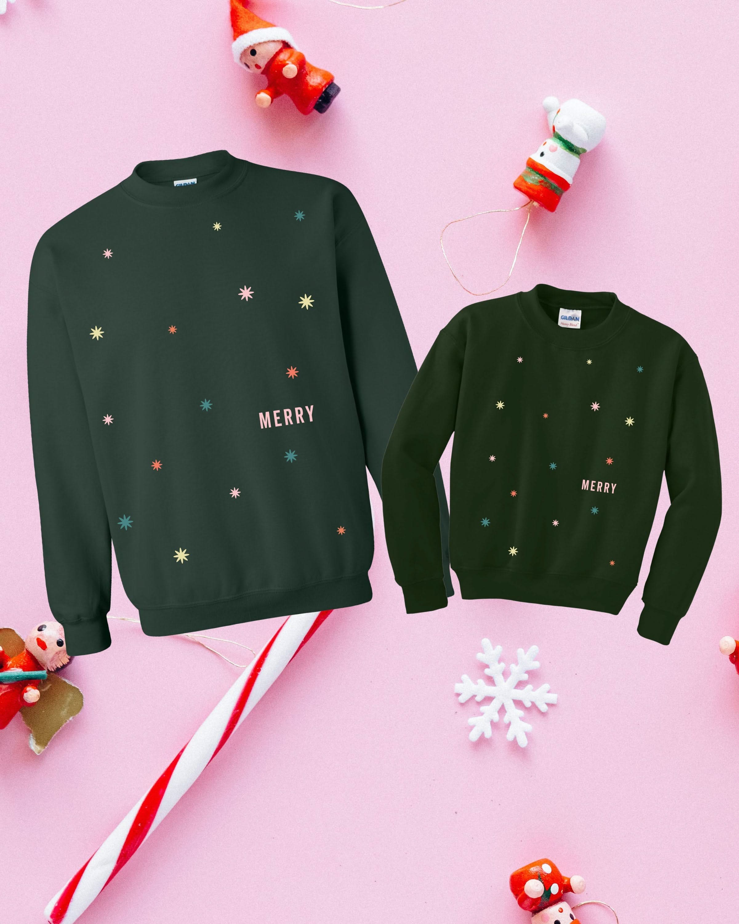 Adult and child forest sweater with 'Merry Every Thing' graphic, shown on flat lay – Little Mama Shirt Shop
