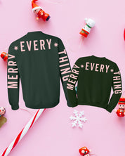 Adult and child forest sweater with 'Merry Every Thing' graphic, shown on flat lay – Little Mama Shirt Shop