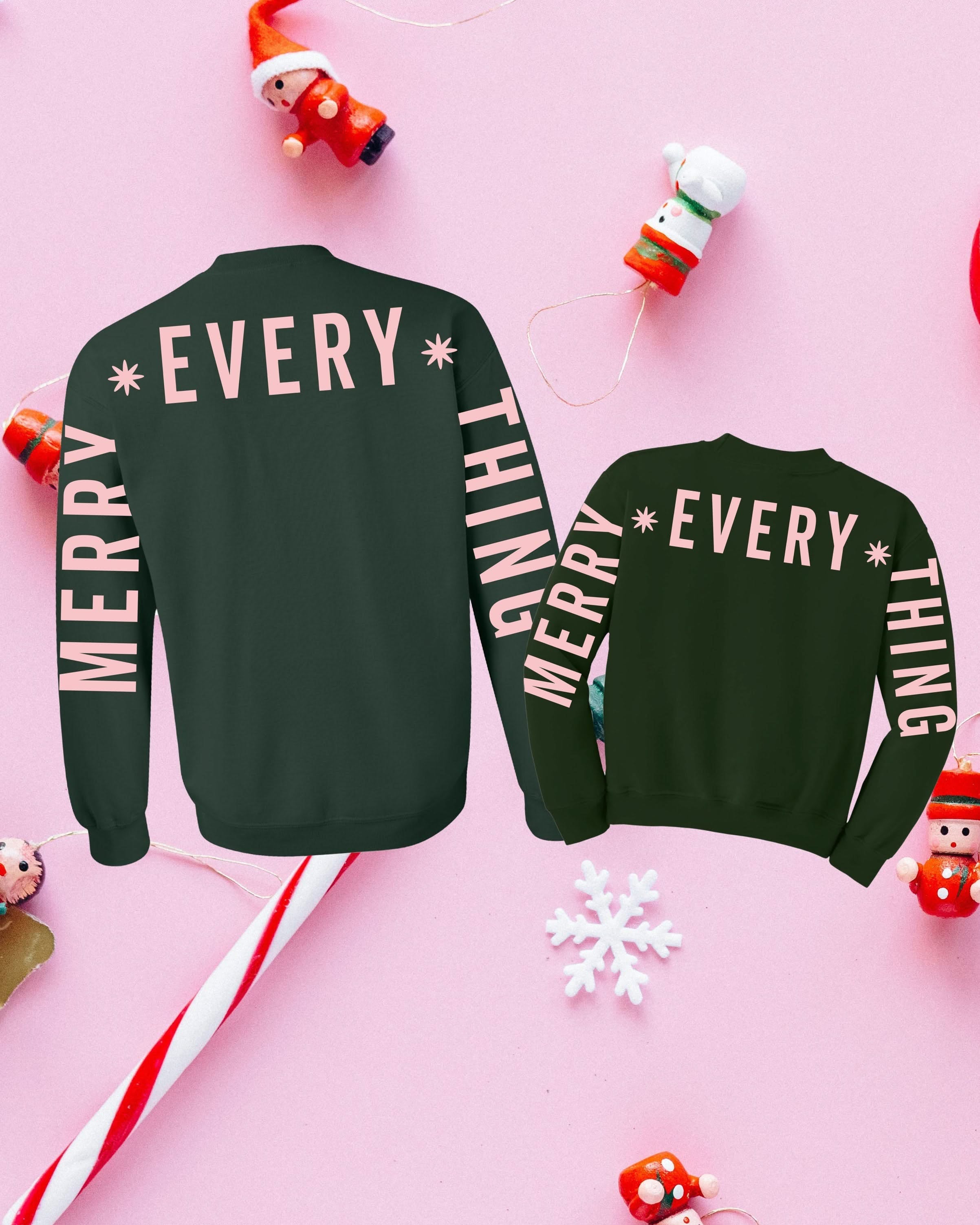 Adult and child forest sweater with 'Merry Every Thing' graphic, shown on flat lay – Little Mama Shirt Shop