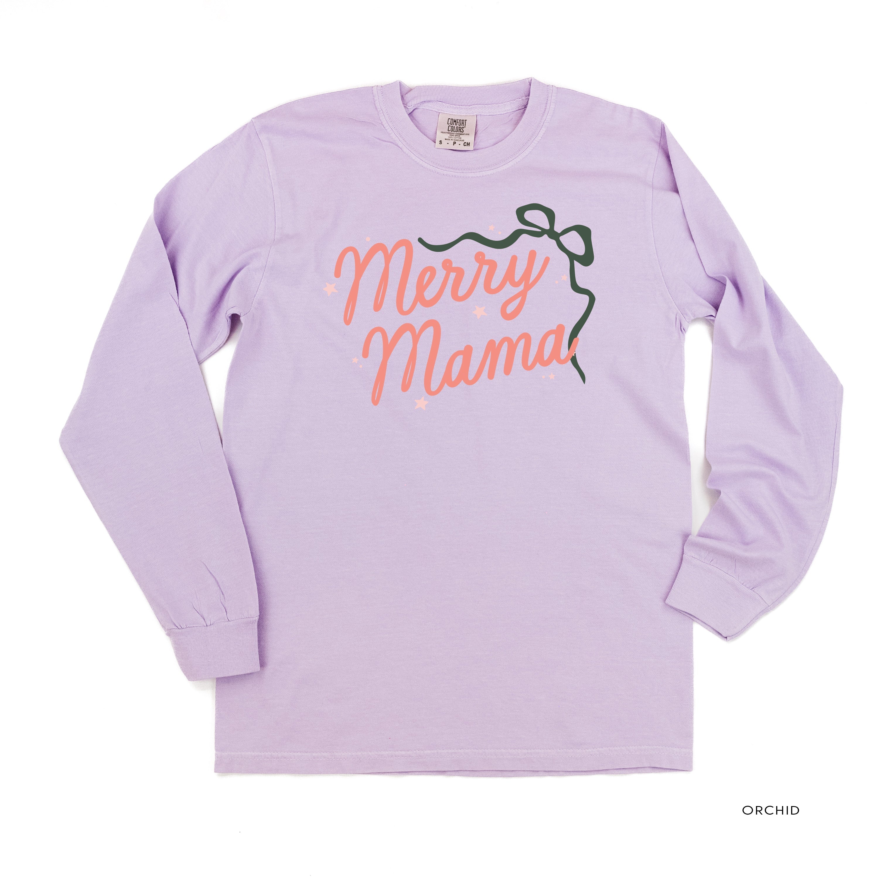 Merry Mama With Bow and Stars - LONG SLEEVE Comfort Colors Tee Little Mama Shirt Shop