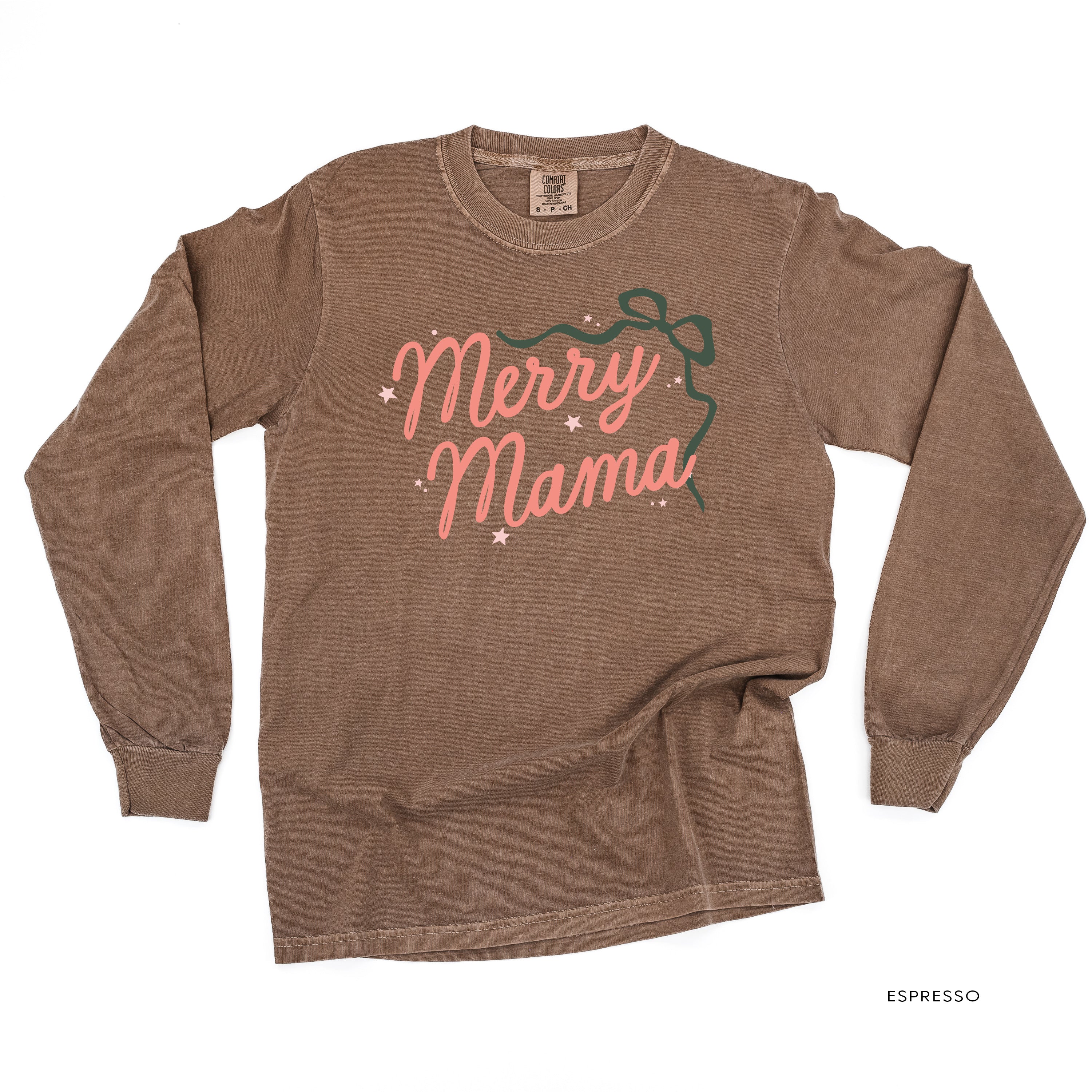 Merry Mama With Bow and Stars - LONG SLEEVE Comfort Colors Tee Little Mama Shirt Shop