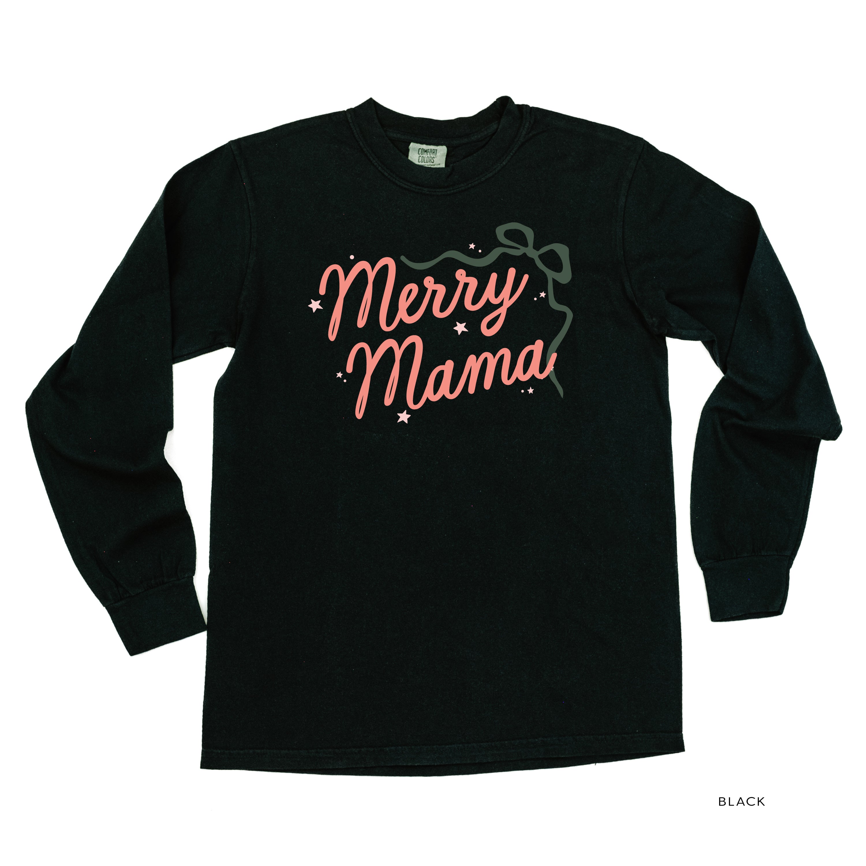 Merry Mama With Bow and Stars - LONG SLEEVE Comfort Colors Tee Little Mama Shirt Shop