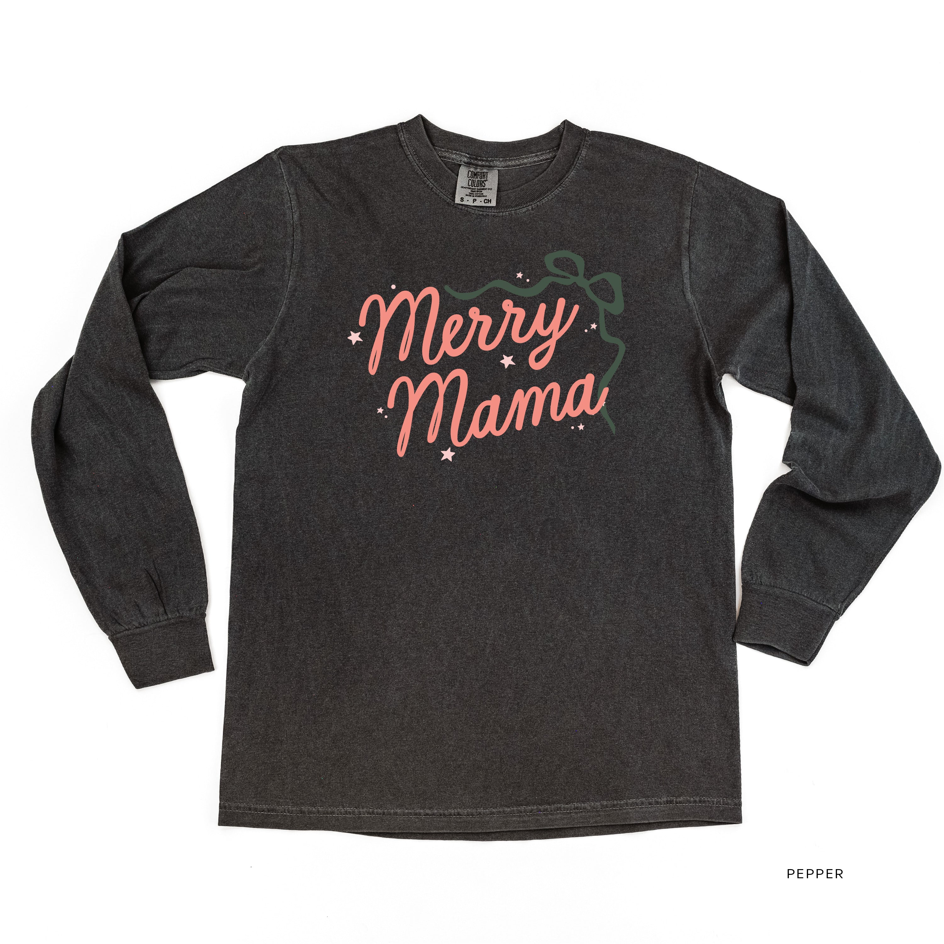 Merry Mama With Bow and Stars - LONG SLEEVE Comfort Colors Tee Little Mama Shirt Shop