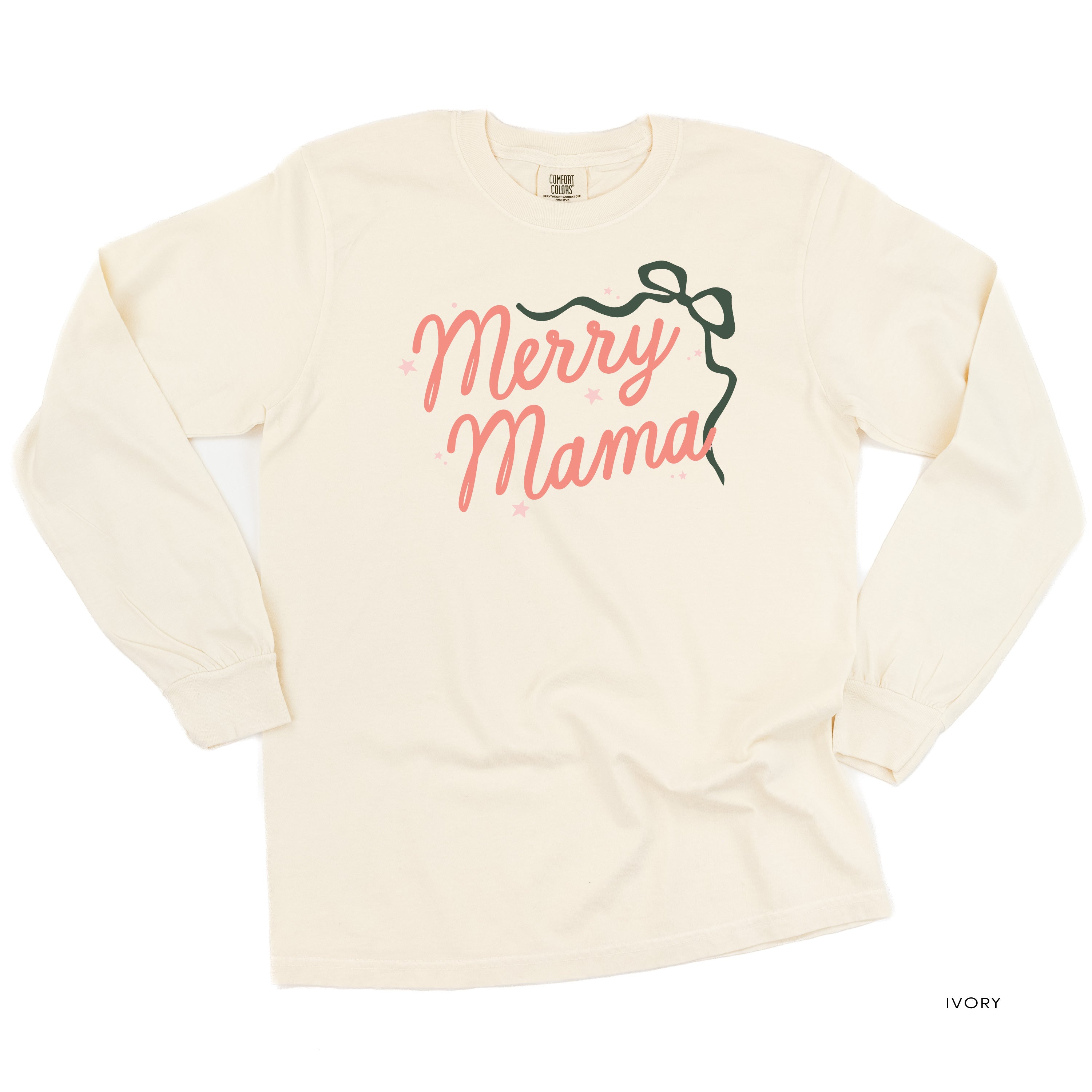 Merry Mama With Bow and Stars - LONG SLEEVE Comfort Colors Tee Little Mama Shirt Shop
