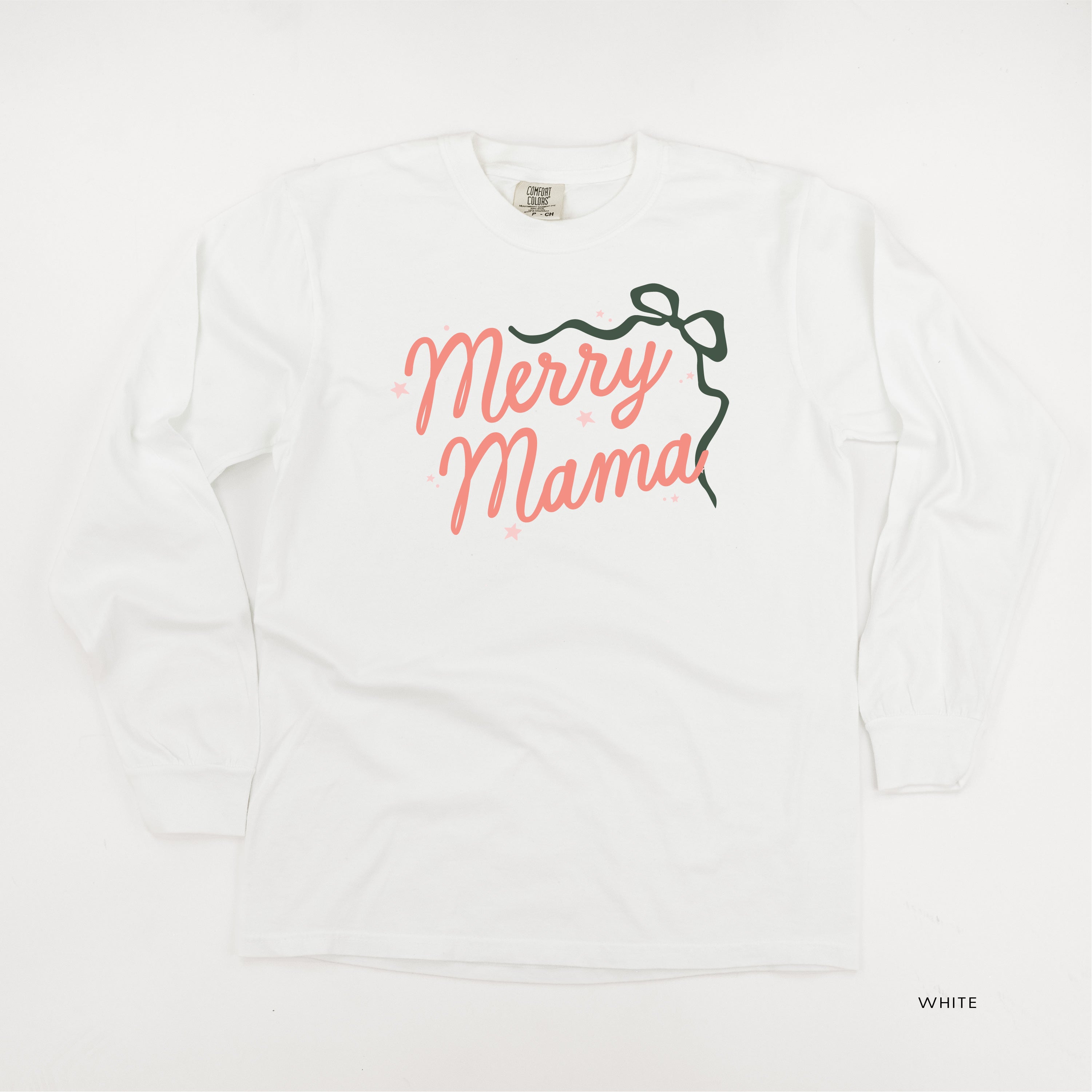 Merry Mama With Bow and Stars - LONG SLEEVE Comfort Colors Tee Little Mama Shirt Shop