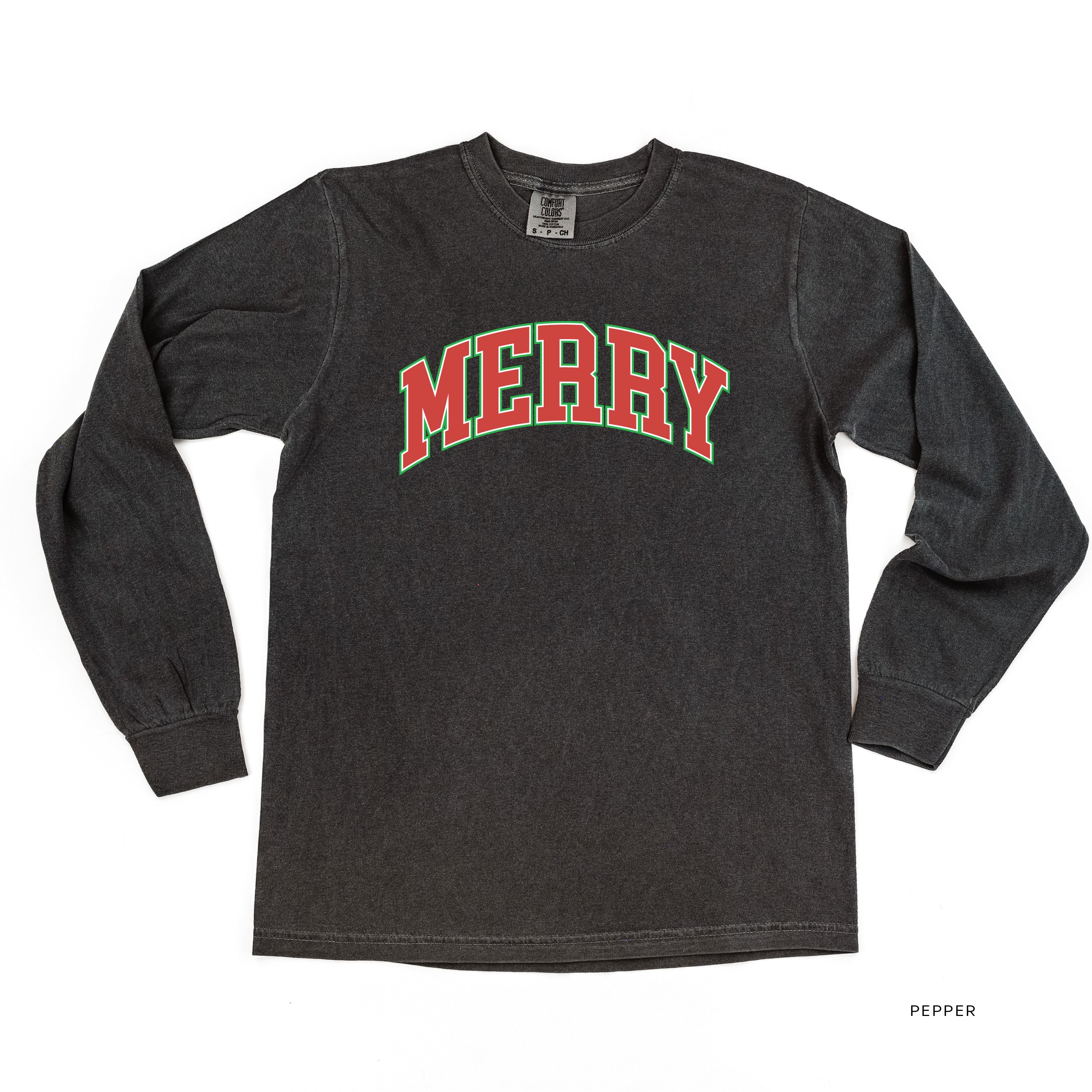 Merry (Varsity) - LONG SLEEVE Comfort Colors Tee Little Mama Shirt Shop