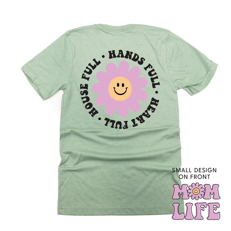 THE RETRO EDIT - Mom Life Smiley Flower Pocket on Front w/ House Full Hands Full Heart Full on Back - Unisex Tee