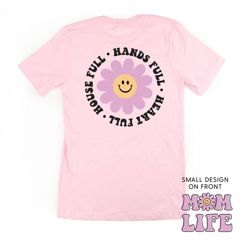 THE RETRO EDIT - Mom Life Smiley Flower Pocket on Front w/ House Full Hands Full Heart Full on Back - Unisex Tee