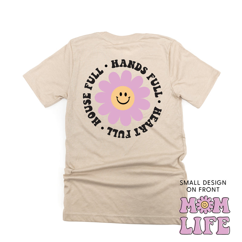 THE RETRO EDIT - Mom Life Smiley Flower Pocket on Front w/ House Full Hands Full Heart Full on Back - Unisex Tee