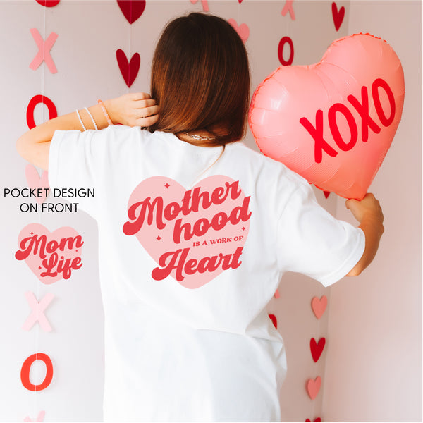Mom Life Pocket on Front w/ Motherhood is a Work of Heart on Back - SHORT SLEEVE COMFORT COLORS TEE