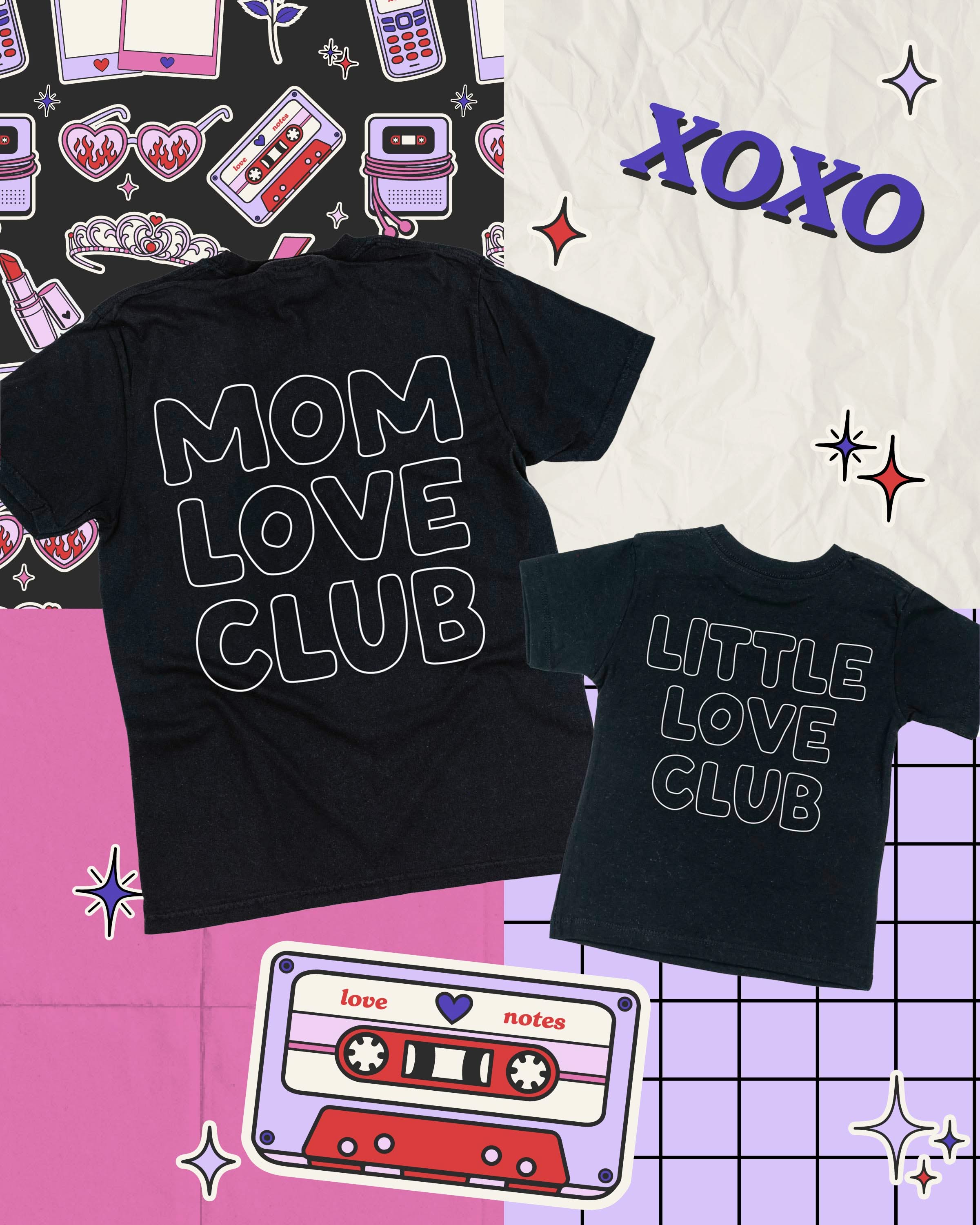 Adult and Child tee in black with "Little Love Club" and "Mom Love Club" bubble letter text design on back, shown on flat lay – Little Mama Shirt Shop