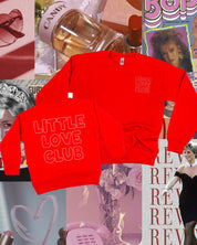 Adult and Child sweater in red with "Little Love Club" and "Mom Love Club" bubble letter text design on front left chest and back, shown on flat lay – Little Mama Shirt Shop