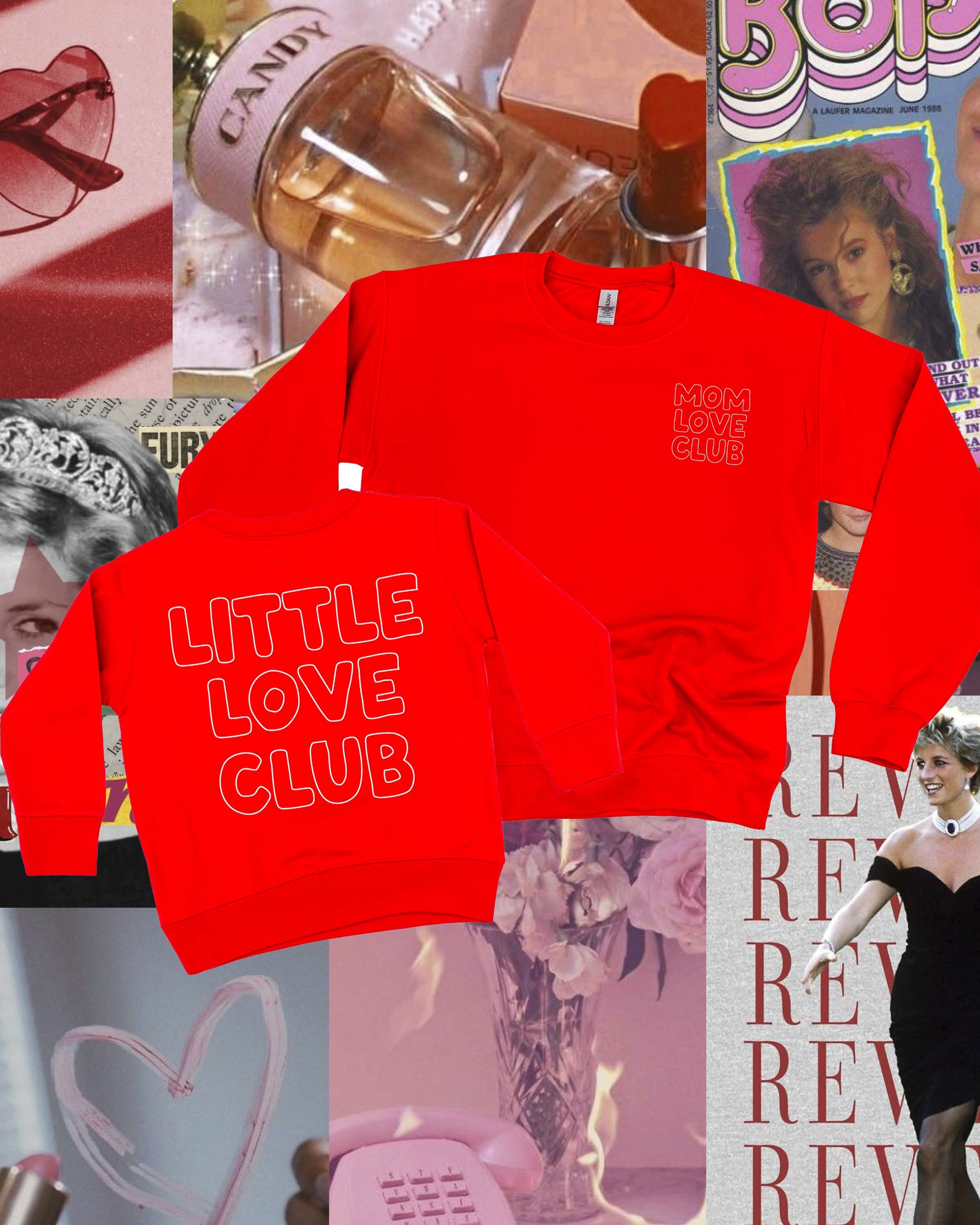 Adult and Child sweater in red with "Little Love Club" and "Mom Love Club" bubble letter text design on front left chest and back, shown on flat lay – Little Mama Shirt Shop