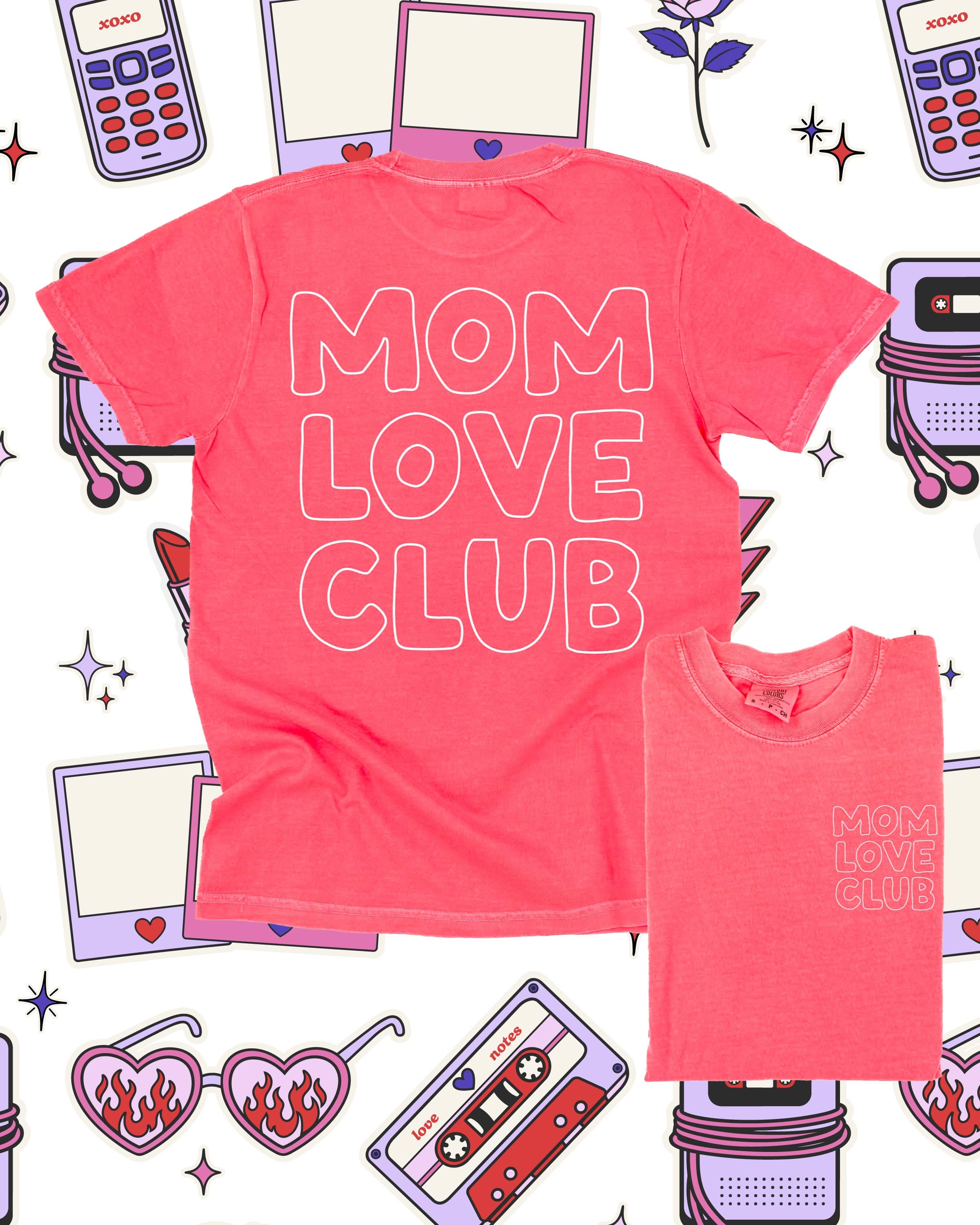 Adult  tee in watermelon with "Mom Love Club" bubble letter text design on front left chest and back, shown on flat lay – Little Mama Shirt Shop