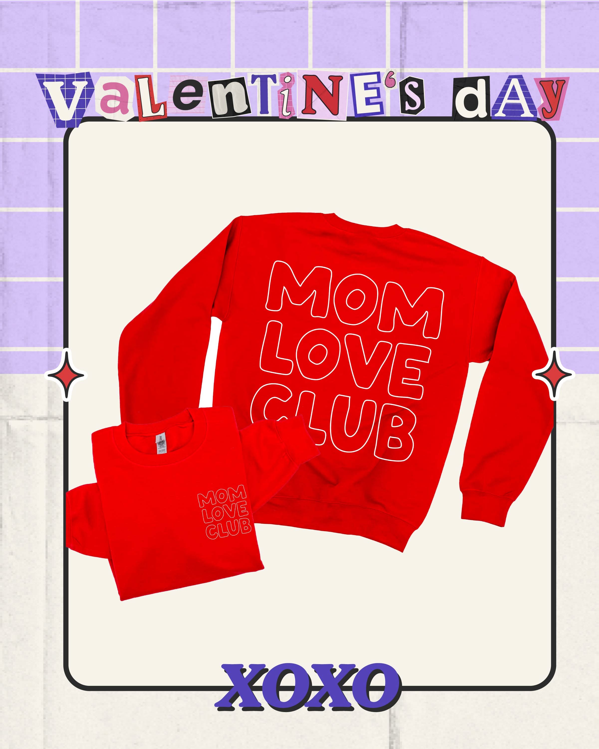 Adult sweater in red with "Mom Love Club" bubble letter text design on back and front left chest small, shown on flat lay – Little Mama Shirt Shop