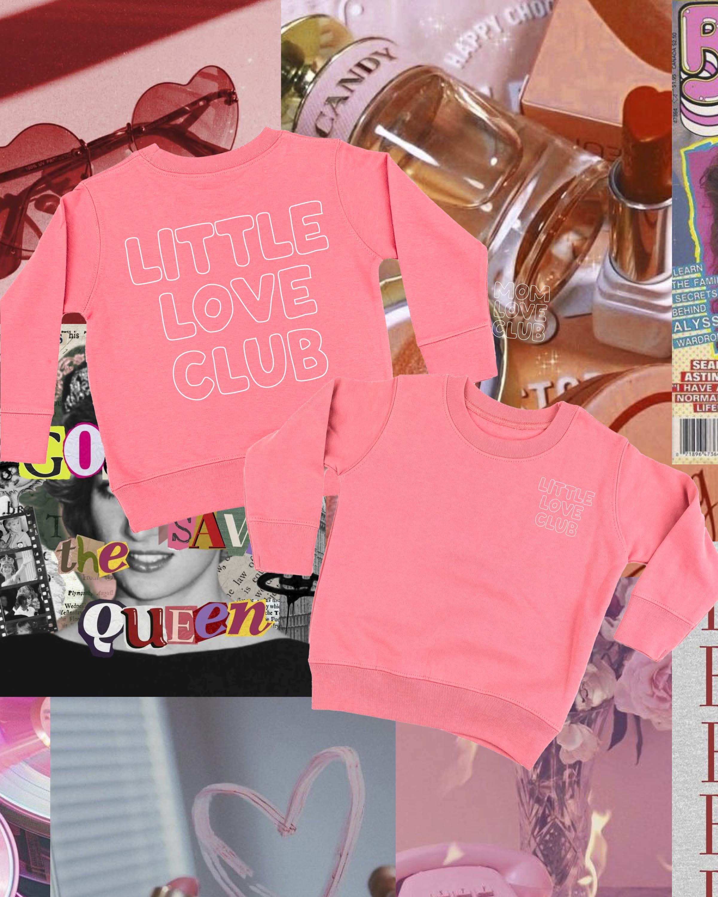 Child sweater in mauvelous with "Little Love Club" bubble letter text design on back and front left chest small, shown on flat lay – Little Mama Shirt Shop
