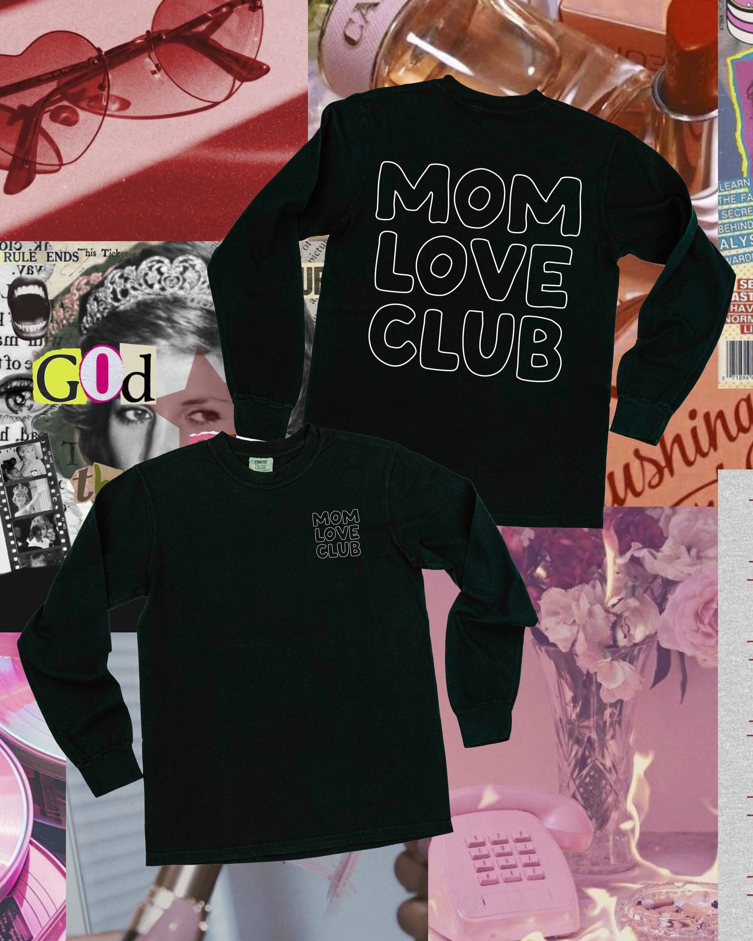 Adult long sleeve tee in black with "Mom Love Club" bubble letter text design on front left chest and back, shown on flat lay – Little Mama Shirt Shop