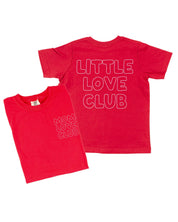 Adult and Child tee in red with "Little Love Club" and "Mom Love Club" bubble letter text design on front left chest and back, shown on flat lay – Little Mama Shirt Shop