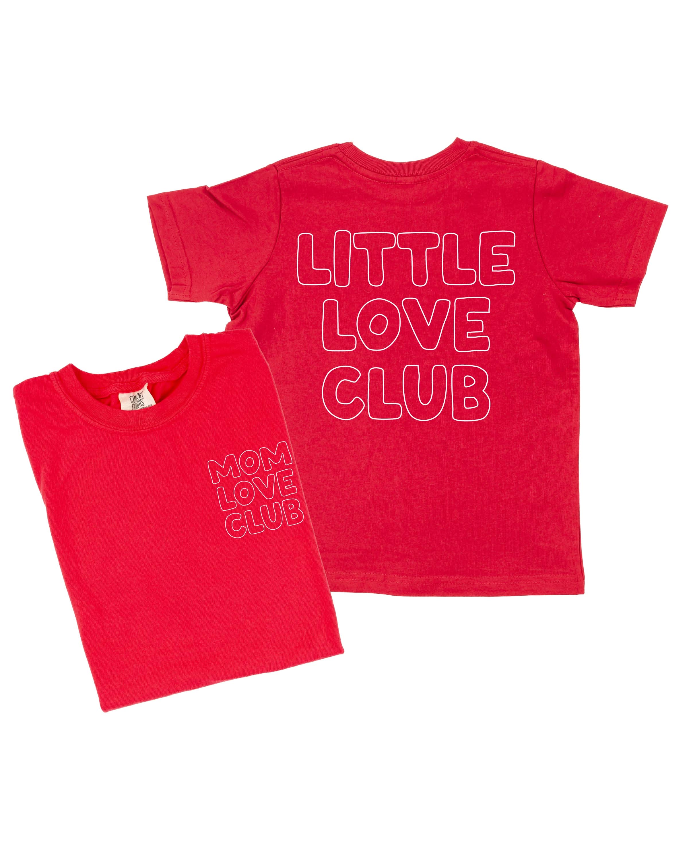 Adult and Child tee in red with "Little Love Club" and "Mom Love Club" bubble letter text design on front left chest and back, shown on flat lay – Little Mama Shirt Shop