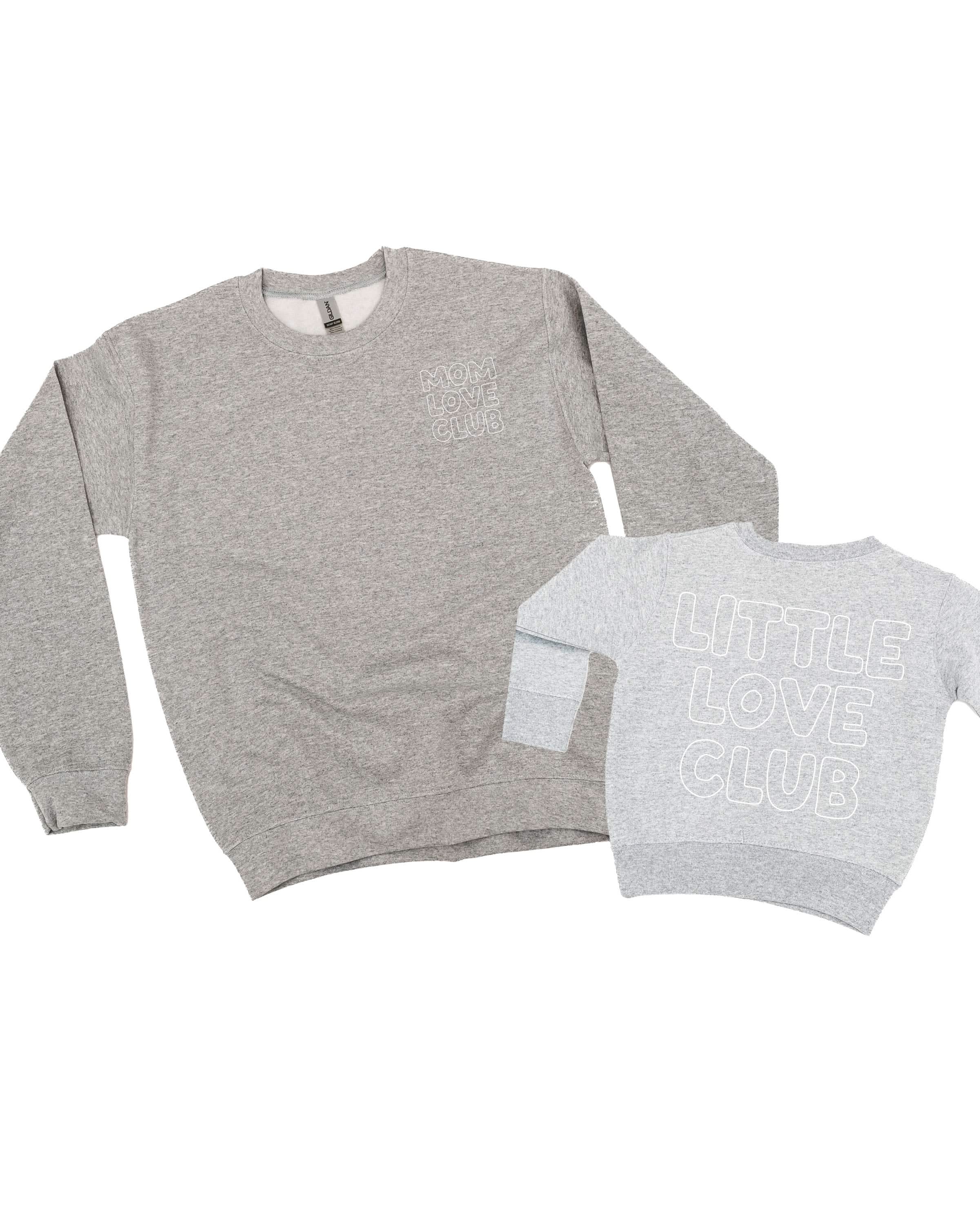 Adult and Child sweater in gray with "Little Love Club" and "Mom Love Club" bubble letter text design on front left chest and back, shown on flat lay – Little Mama Shirt Shop