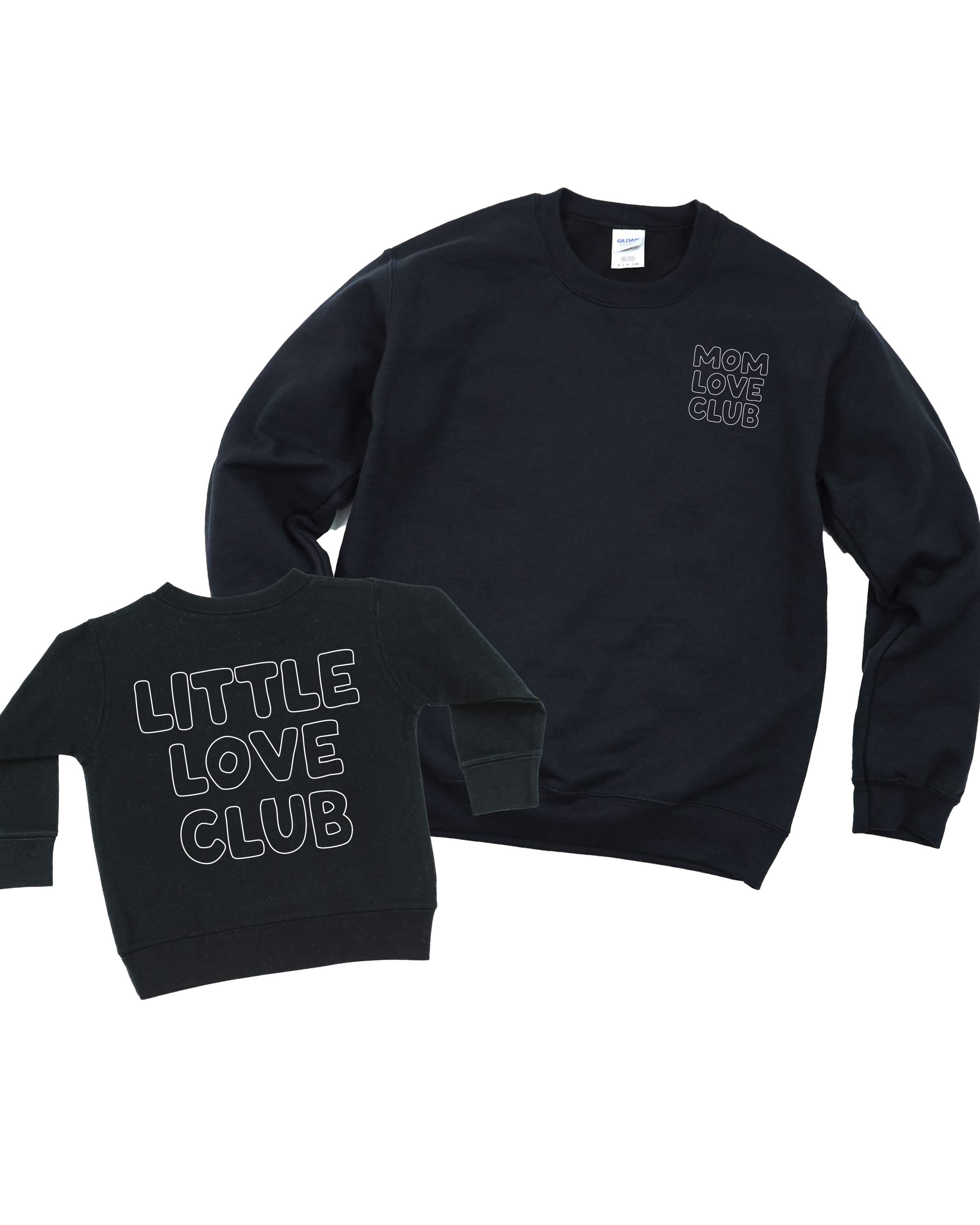 Adult and Child sweater in black with "Little Love Club" and "Mom Love Club" bubble letter text design on front left chest and back, shown on flat lay – Little Mama Shirt Shop