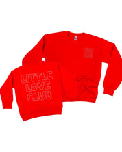 Adult and Child sweater in red with "Little Love Club" and "Mom Love Club" bubble letter text design on front left chest and back, shown on flat lay – Little Mama Shirt Shop