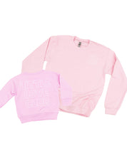 Adult and Child sweater in light pink with "Little Love Club" and "Mom Love Club" bubble letter text design on front left chest and back, shown on flat lay – Little Mama Shirt Shop