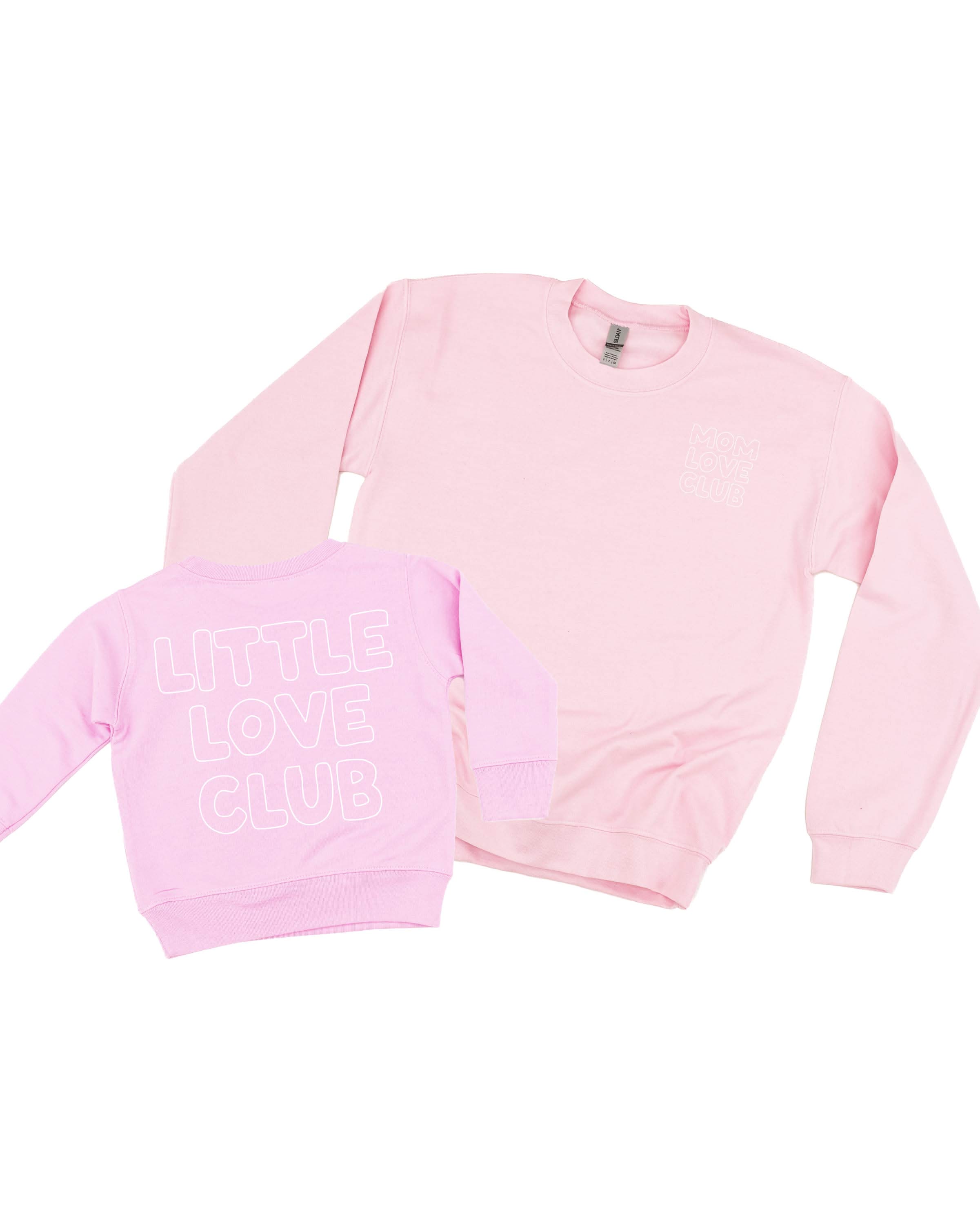 Adult and Child sweater in light pink with "Little Love Club" and "Mom Love Club" bubble letter text design on front left chest and back, shown on flat lay – Little Mama Shirt Shop