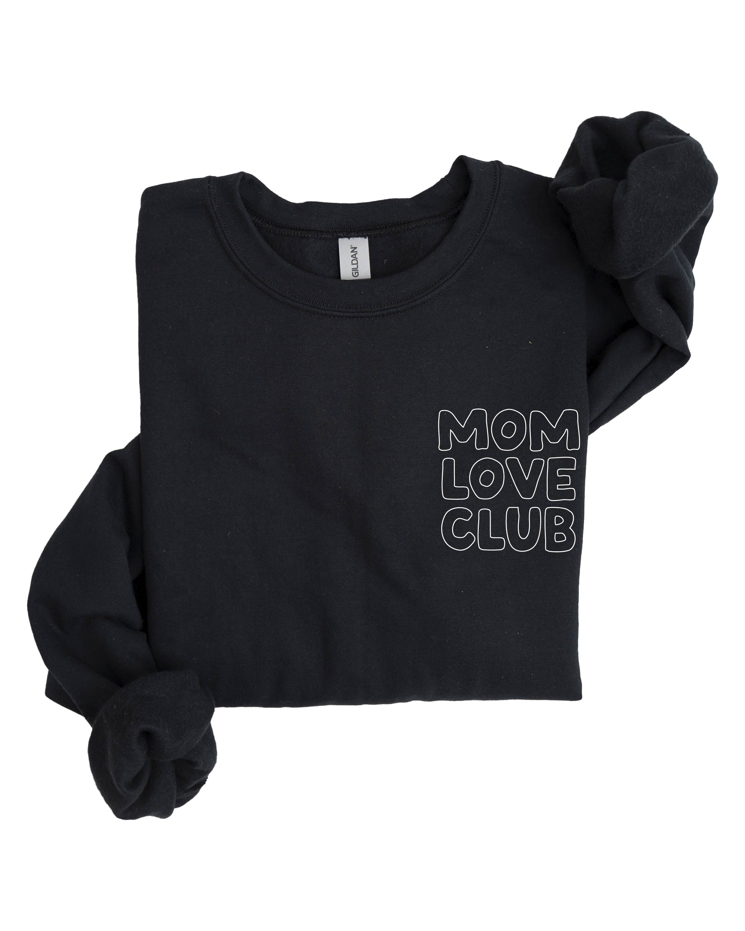 Adult sweater in black with "Mom Love Club" bubble letter text design front left chest small, shown on flat lay – Little Mama Shirt Shop