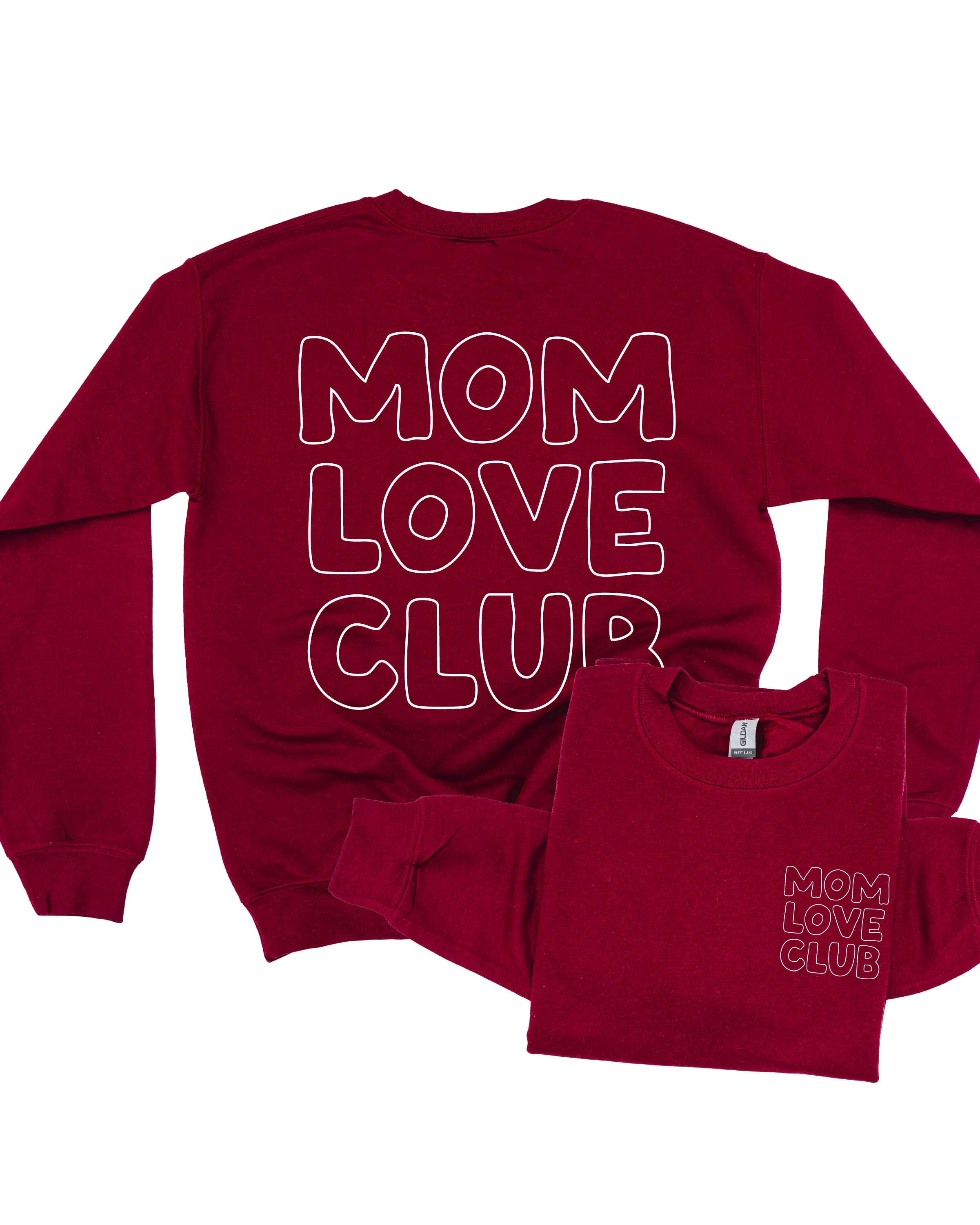 Adult sweater in maroon with "Mom Love Club" bubble letter text design on back and front left chest small, shown on flat lay – Little Mama Shirt Shop
