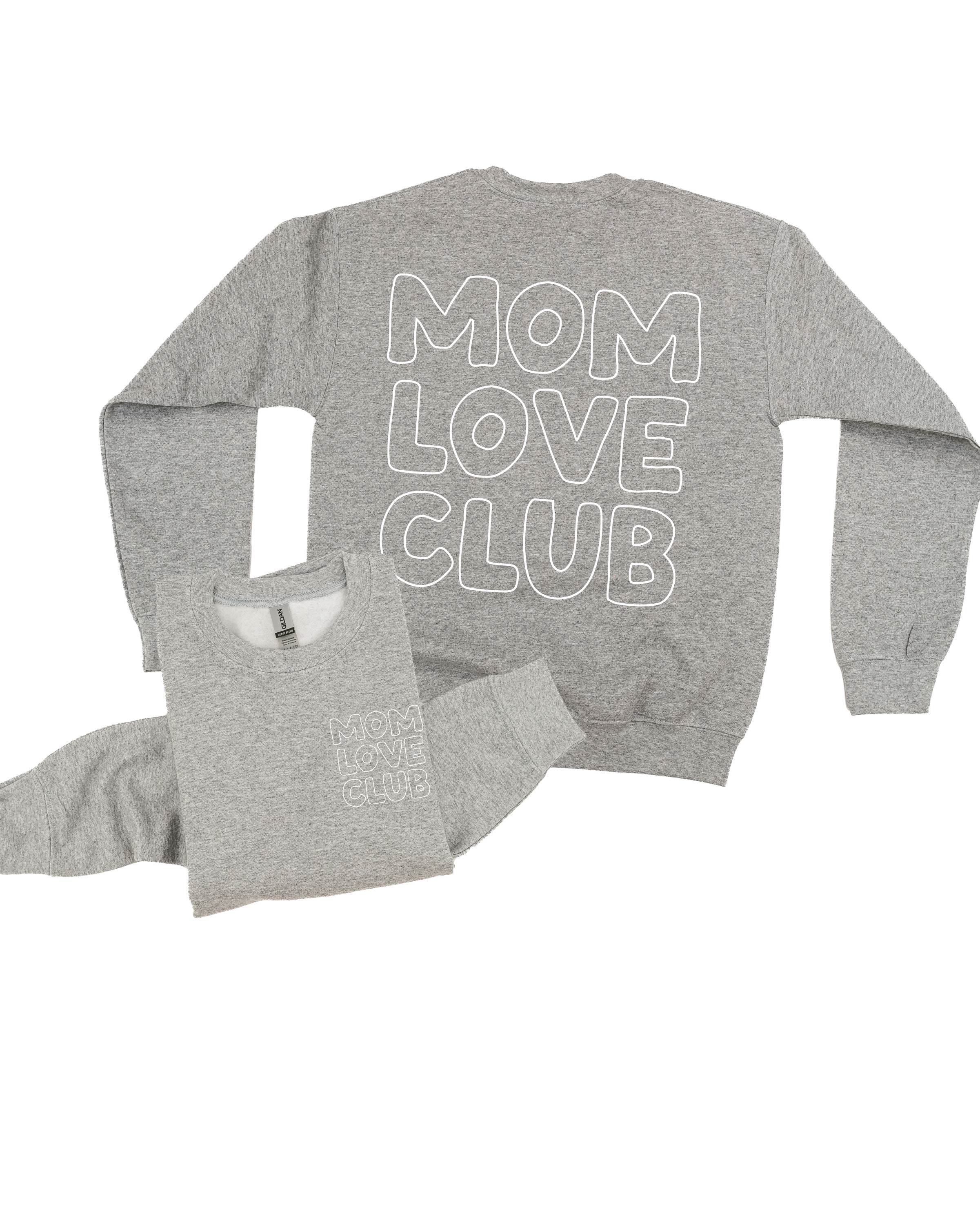 Adult sweater in gray with "Mom Love Club" bubble letter text design on back and front left chest small, shown on flat lay – Little Mama Shirt Shop