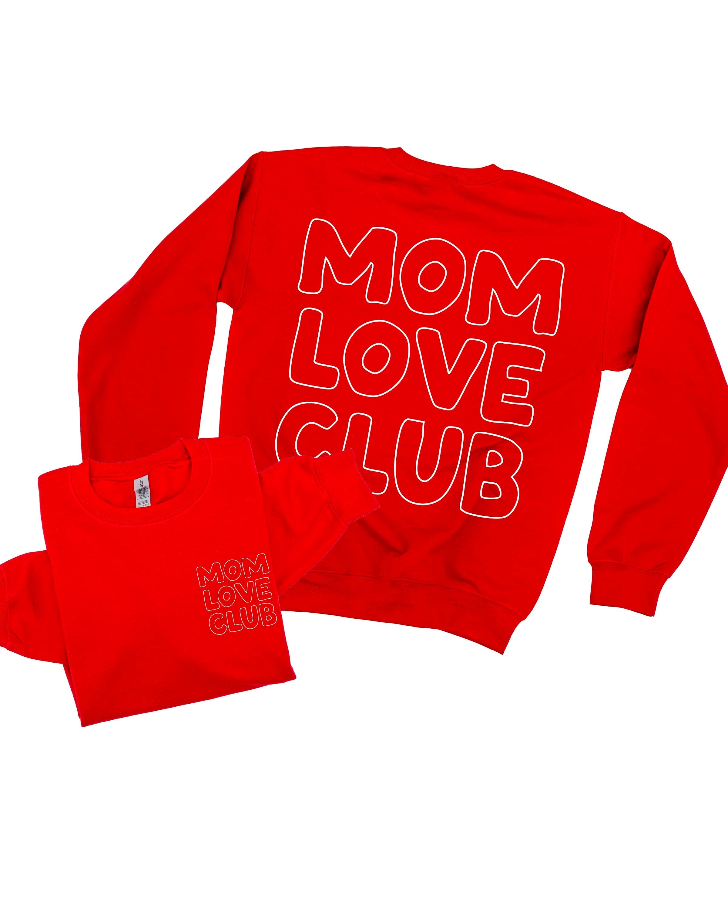 Adult sweater in red with "Mom Love Club" bubble letter text design on back and front left chest small, shown on flat lay – Little Mama Shirt Shop