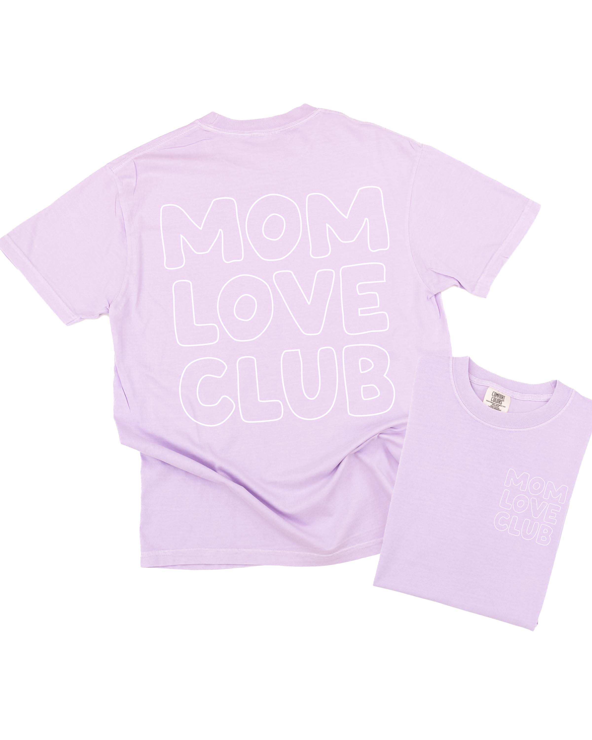 Adult  tee in orchid with "Mom Love Club" bubble letter text design on front left chest and back, shown on flat lay – Little Mama Shirt Shop