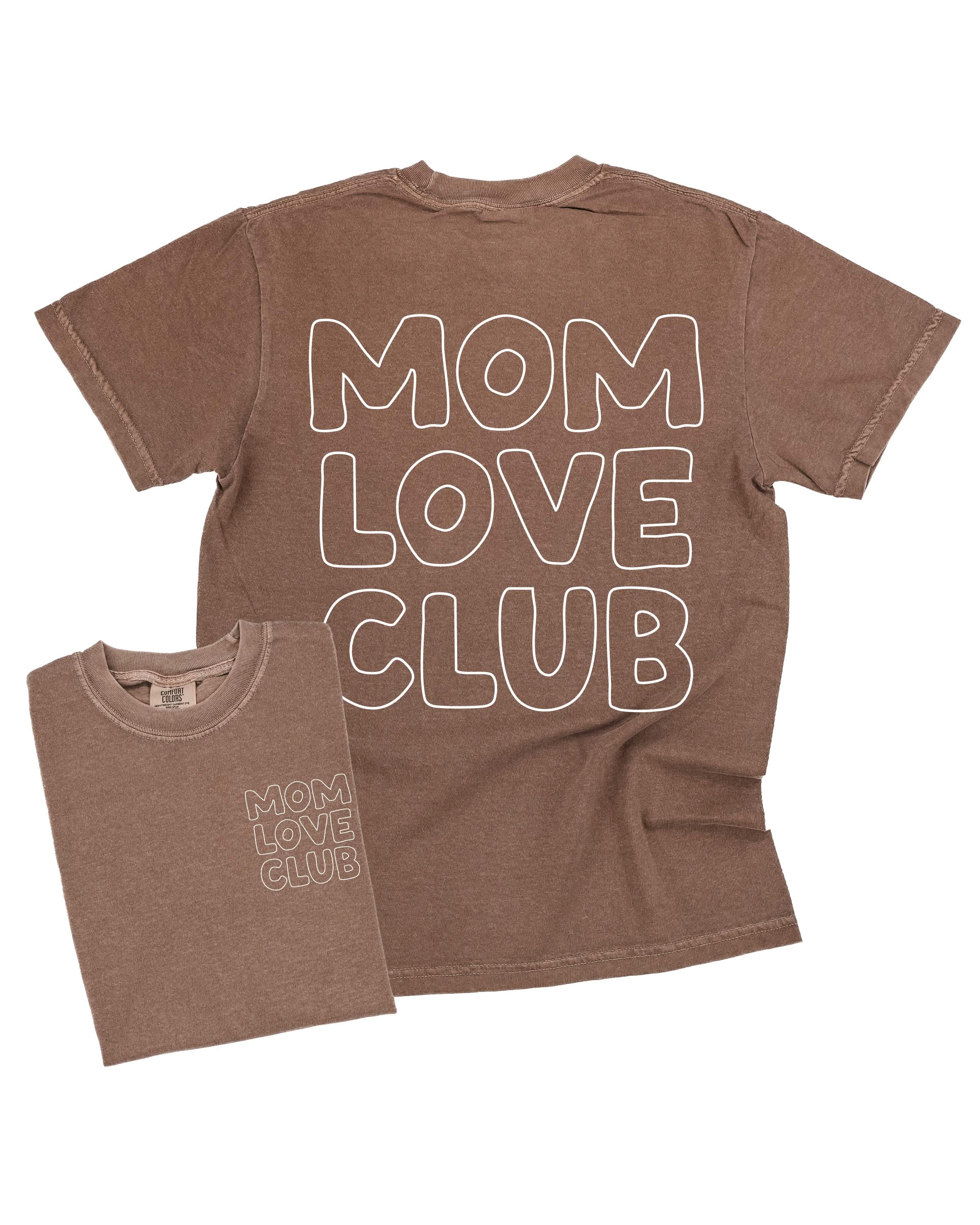 Adult  tee in espresso with "Mom Love Club" bubble letter text design on front left chest and back, shown on flat lay – Little Mama Shirt Shop