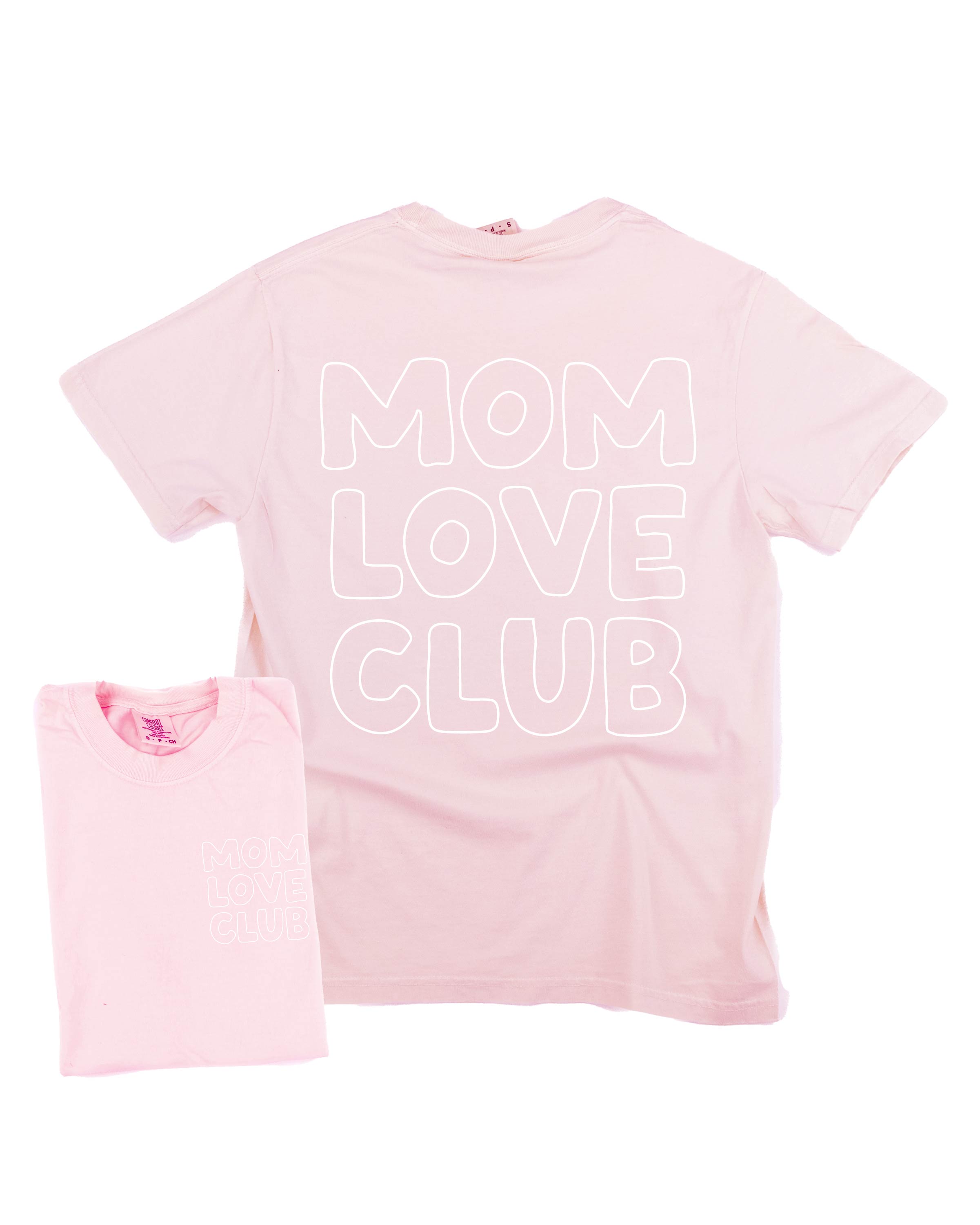 Adult  tee in blossom with "Mom Love Club" bubble letter text design on front left chest and back, shown on flat lay – Little Mama Shirt Shop