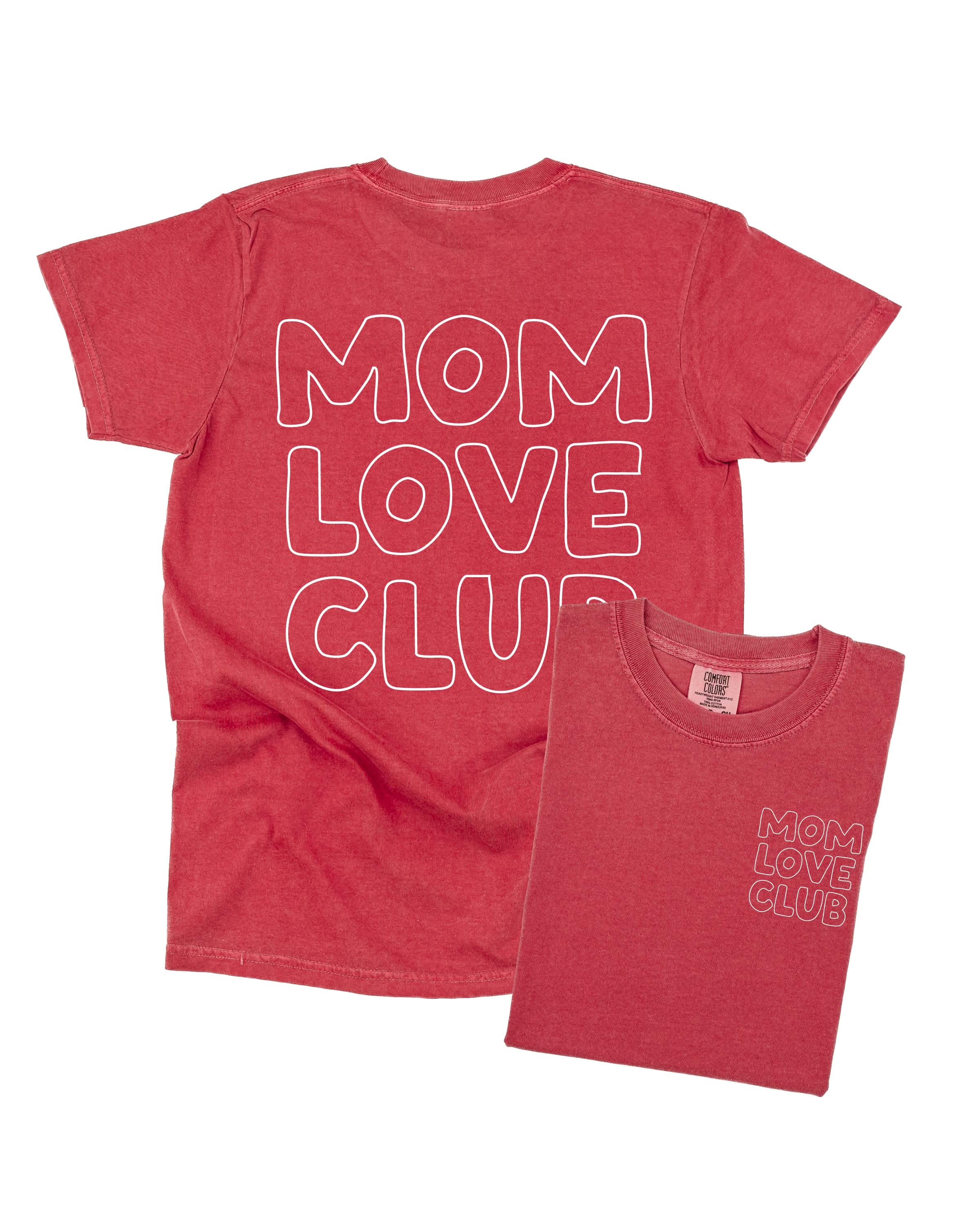 Adult  tee in crimson with "Mom Love Club" bubble letter text design on front left chest and back, shown on flat lay – Little Mama Shirt Shop